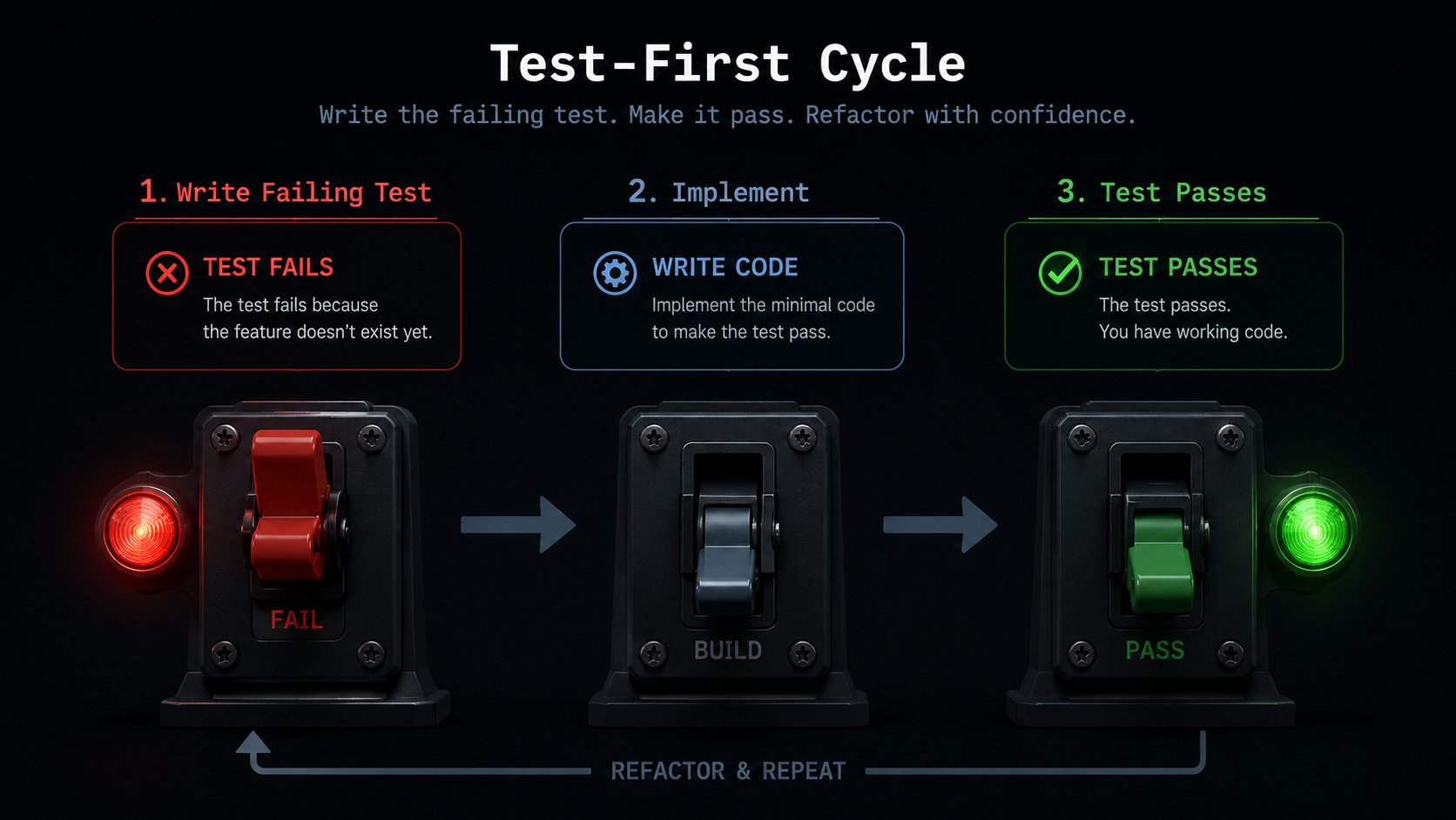 Test-first diagram on a dark terminal panel showing a red failing test indicator transitioning through implementation to a green passing test indicator.