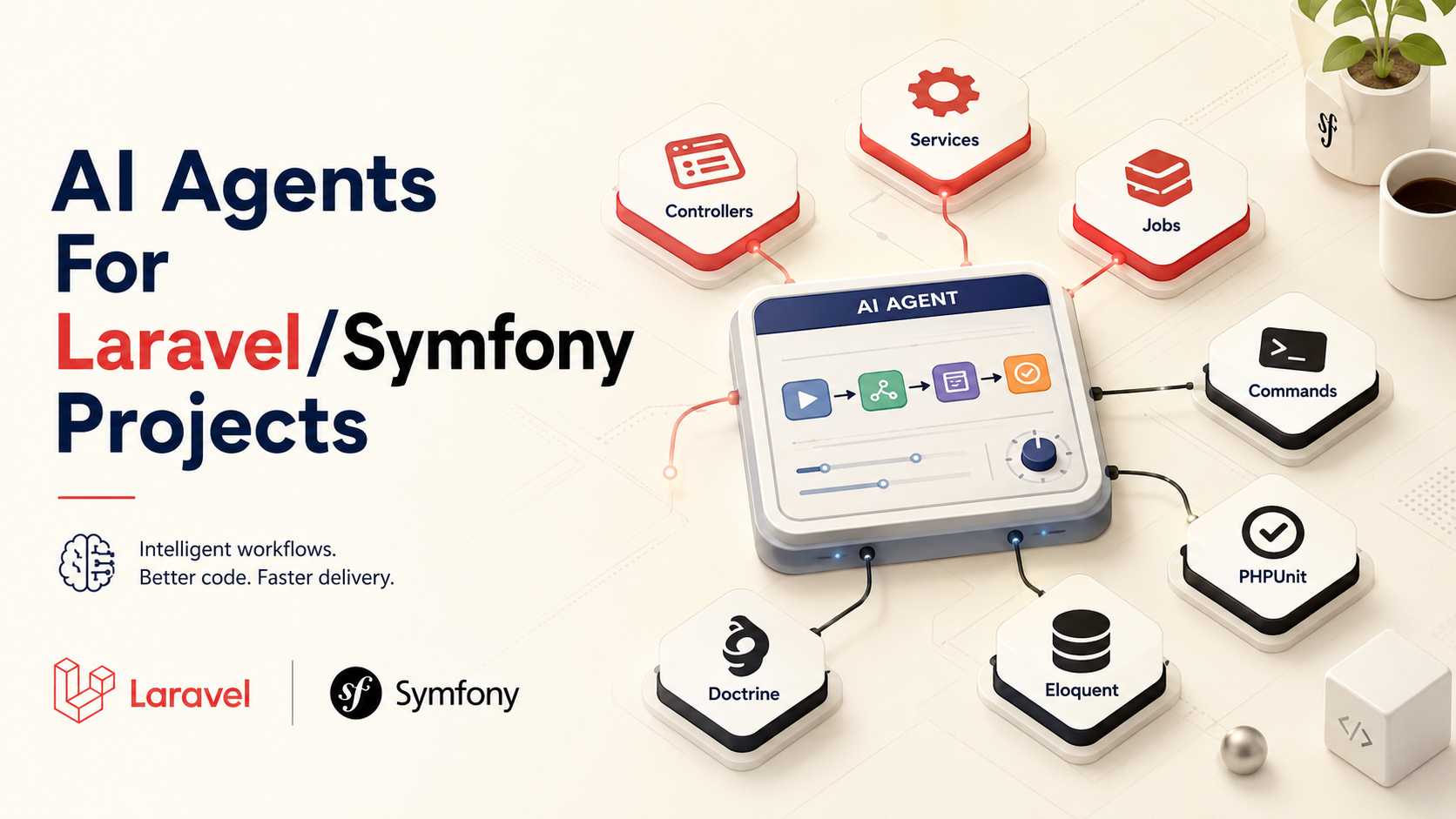 Isometric PHP backend workshop cover showing an AI agent as a workflow control panel connected to labeled modules for Controllers, Services, Jobs, Commands, PHPUnit, Doctrine, and Eloquent in Laravel red and Symfony black on a warm off-white background