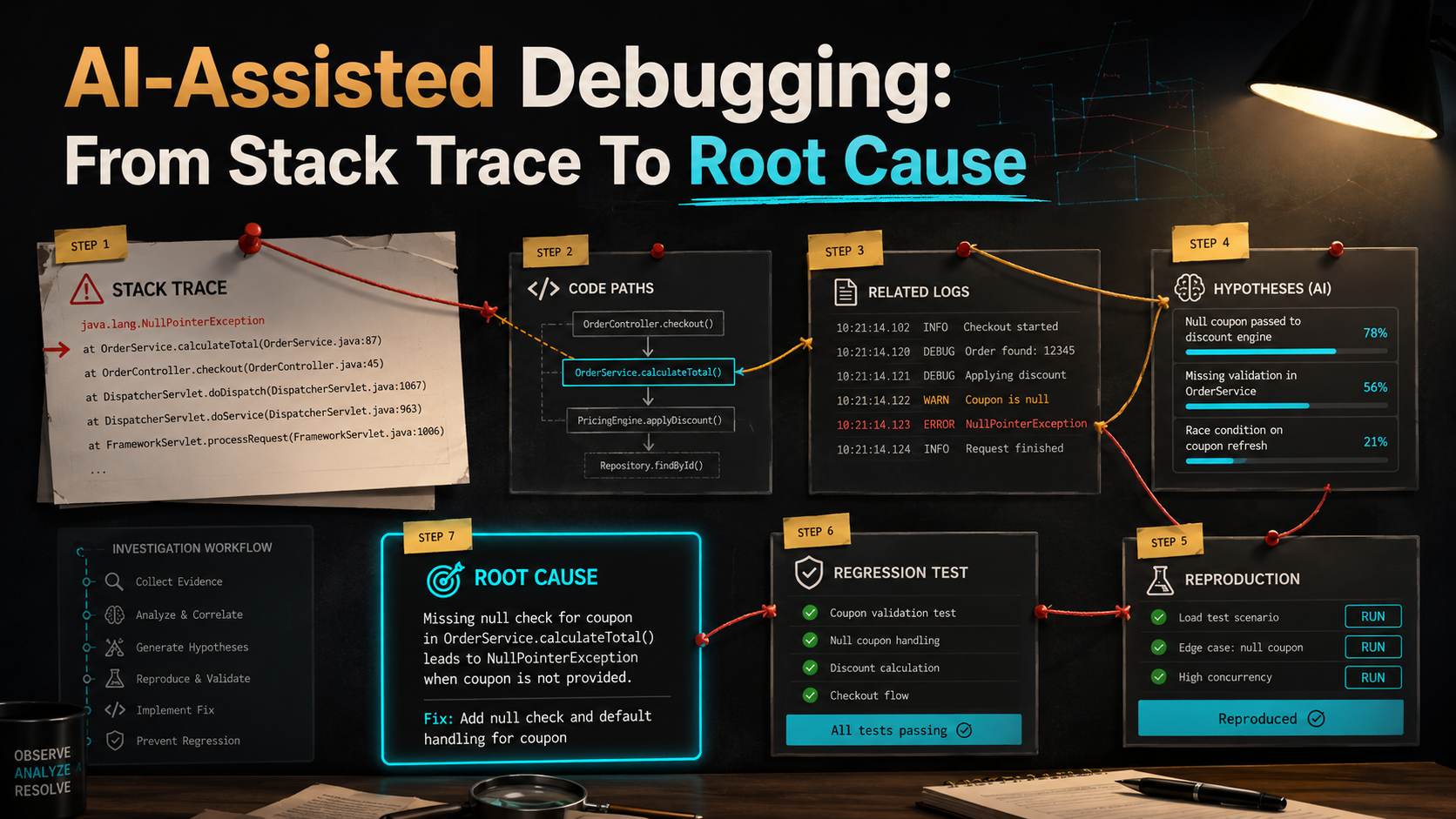 Detective investigation board mixed with modern observability UI: a stack trace pinned on the left with amber strings to code paths, logs, hypotheses, reproduction, regression test, and root cause on a dark charcoal background