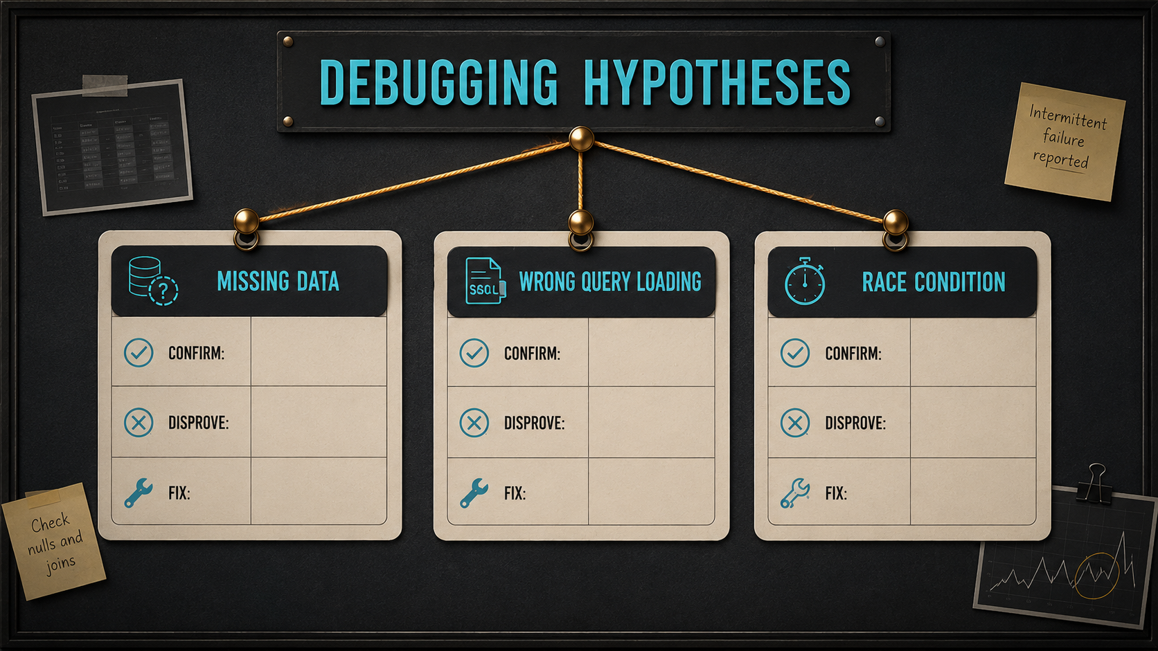 Debugging Hypotheses board with three cards (Missing Data, Wrong Query Loading, Race Condition), each containing Confirm, Disprove, and Fix fields, in a detective-board-meets-clean-UI style on dark gray with amber threads and cyan labels