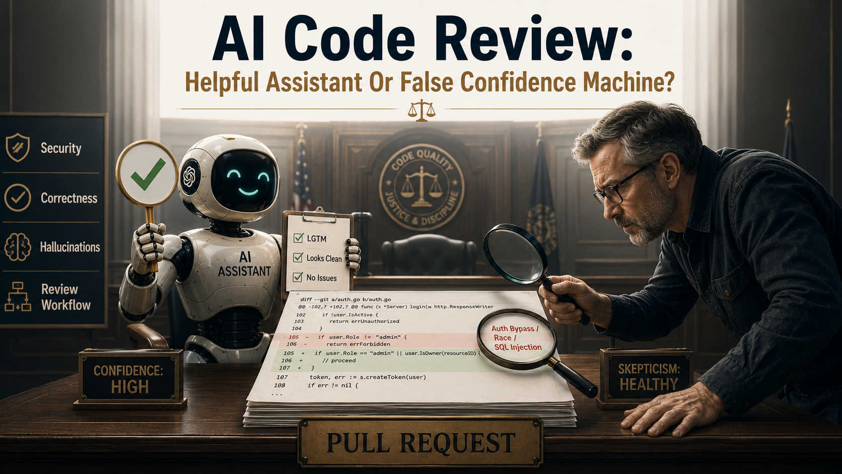Editorial courtroom scene contrasting a confident AI assistant approving a pull request with LGTM, Looks Clean, and No Issues placards against a senior engineer inspecting a marked-up section labeled Auth Bypass, Race, and SQL Injection.