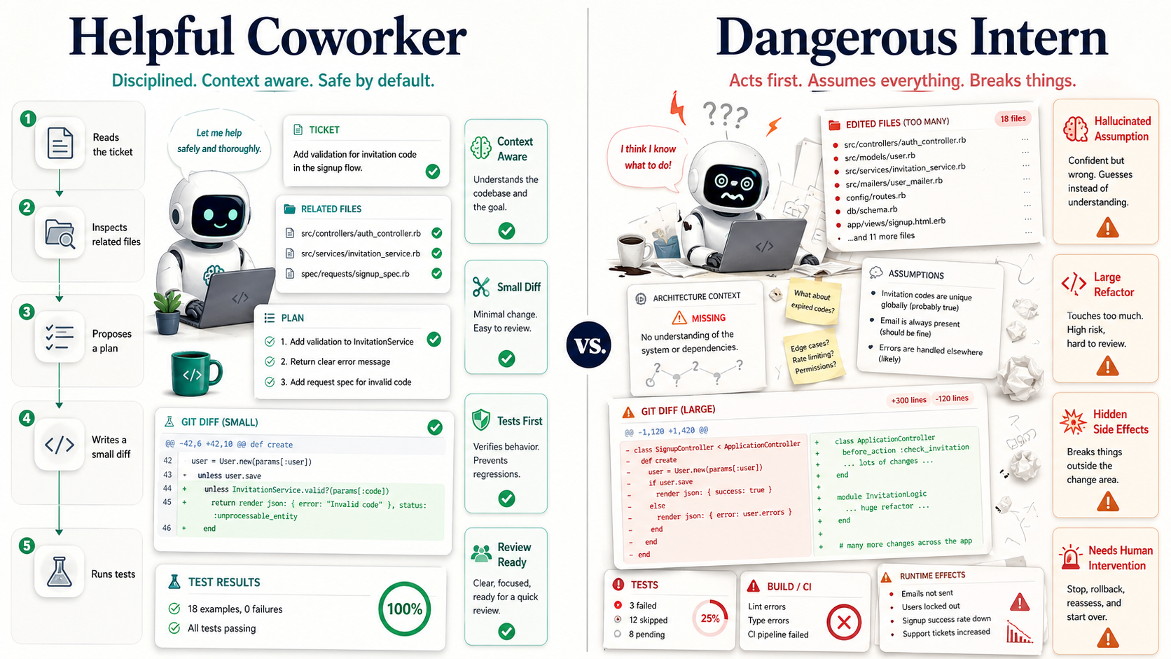 A split-screen comparison of a helpful AI coding coworker making small tested changes and a dangerous AI intern creating risky large diffs without context.