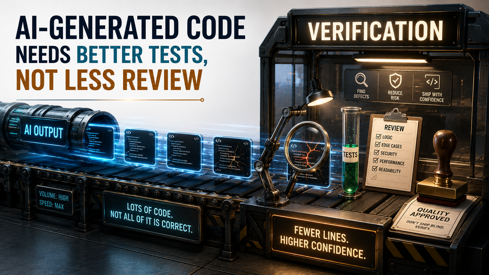 Conveyor belt of AI-generated code blocks feeding a focused quality-control inspection booth labeled Verification, where a small team checks each block with tests, review, and a contract stamp, illustrating that AI accelerates output but verification is the new bottleneck