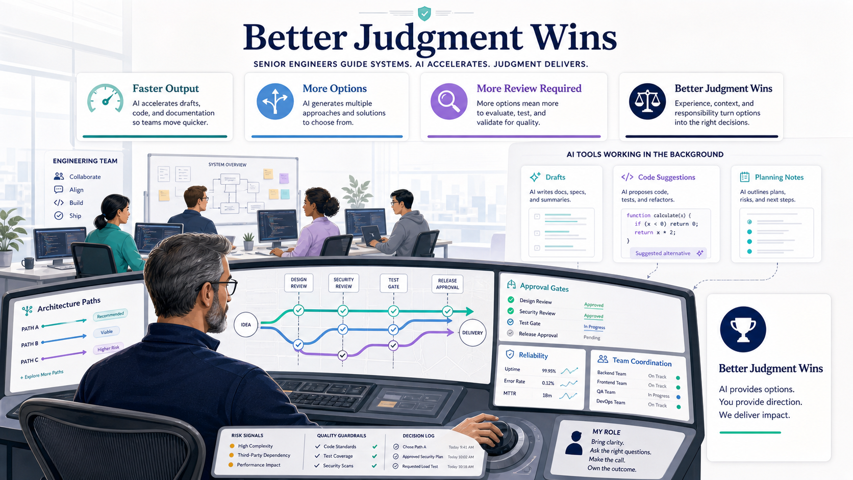 A senior engineer acting as an air-traffic controller for AI-generated code suggestions, approval gates, architecture paths, and reliability decisions.