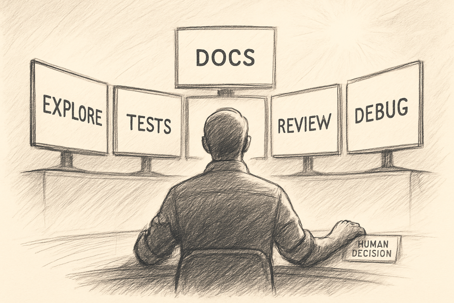 Pencil-and-ink sketch of a senior engineer seen from behind at a control desk, facing five AI assistant monitors labeled EXPLORE, TESTS, DOCS, REVIEW, and DEBUG arranged in a curved arc, with a HUMAN DECISION approval badge near the engineer's hand, in technical-journal style on warm off-white