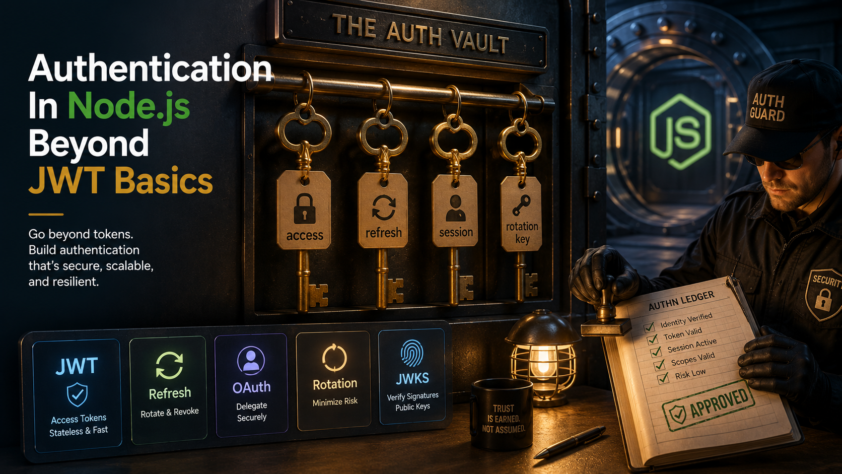 Editorial vault scene with labeled keys on a rack (access, refresh, session, rotation key) and a security guard checking a stamped ledger, illustrating the layered components of Node.js authentication beyond JWT basics