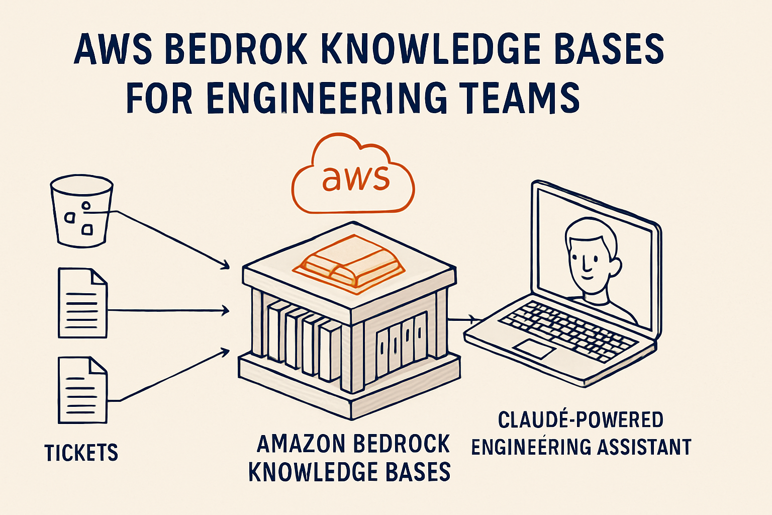 Patent-style schematic of an AWS Bedrock Knowledge Bases architecture: internal data sources labeled S3, Docs, Tickets, and Runbooks feeding a managed RAG pipeline into a Claude-powered engineering assistant