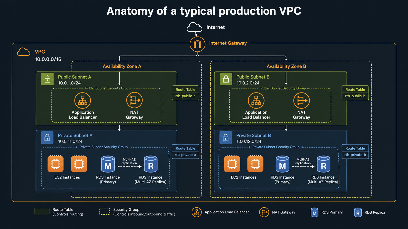 VPC anatomy diagram with CIDR 10.0.0.0/16 spanning two Availability Zones, each containing a public subnet (ALB + NAT Gateway) and a private subnet (EC2 instances + RDS primary), with route tables, security groups, and a Multi-AZ RDS replica line shown across zones