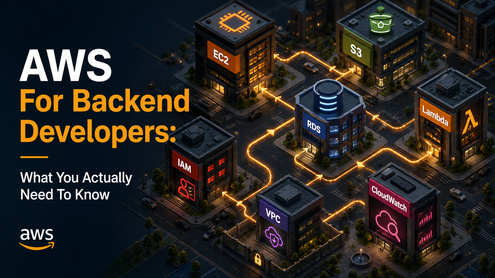 Isometric night-time city of seven illuminated buildings labeled EC2, S3, RDS, Lambda, IAM, VPC, and CloudWatch, with glowing amber lines showing requests flowing between them on dark slate streets