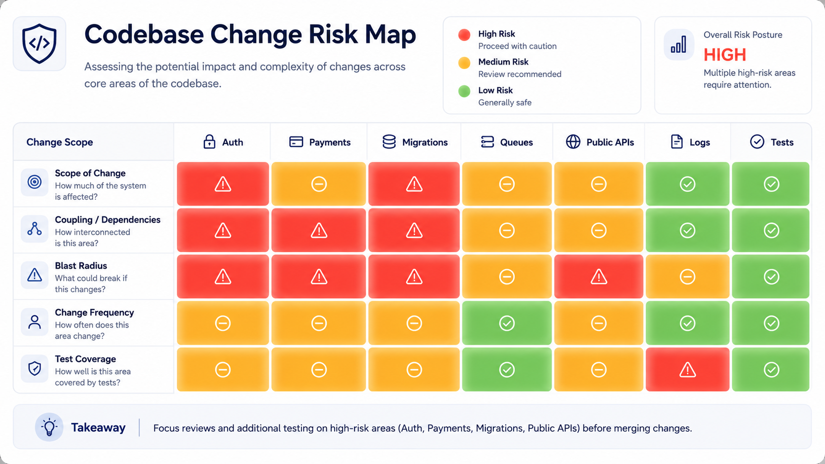 Codebase Change Risk Map: a 7-row × 3-column heatmap classifying risk for Auth, Payments, Migrations, Queues, Public APIs, Logs/Observability, and Tests as Low, Medium, or High — with active cells highlighted and inactive cells dimmed.
