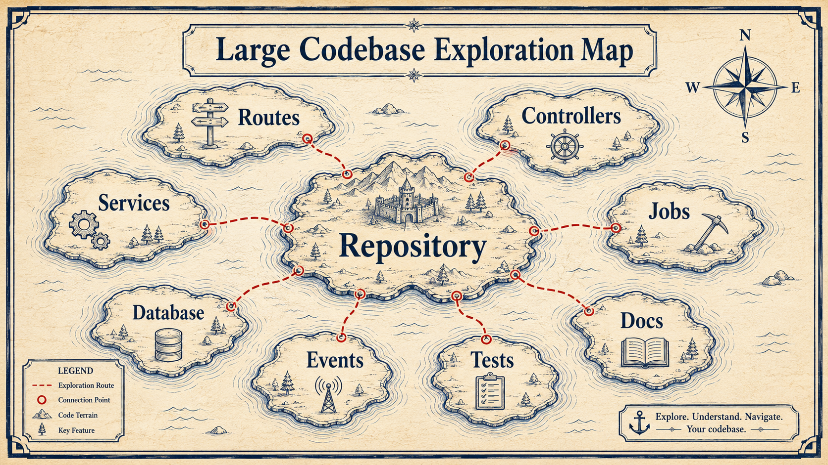 Large codebase exploration map: a central 'Your Repo' island connected by curved dashed routes to eight zone cards — Routes, Controllers, Services, Database, Events, Jobs, Tests, and Docs — each with a one-line description.