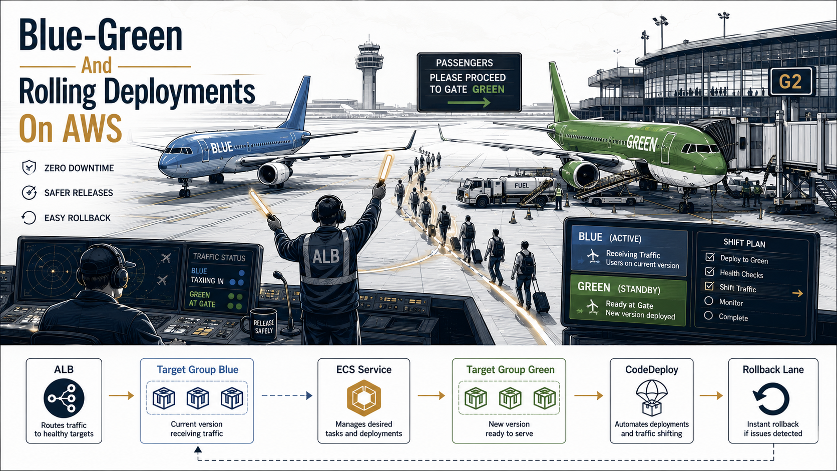 Editorial airport-gate cover illustrating blue-green deployments on AWS: a blue plane taxiing while a green plane waits at the gate, with passengers being waved across, labeled ALB, Target Group Blue, Target Group Green, ECS Service, CodeDeploy, and Rollback Lane.