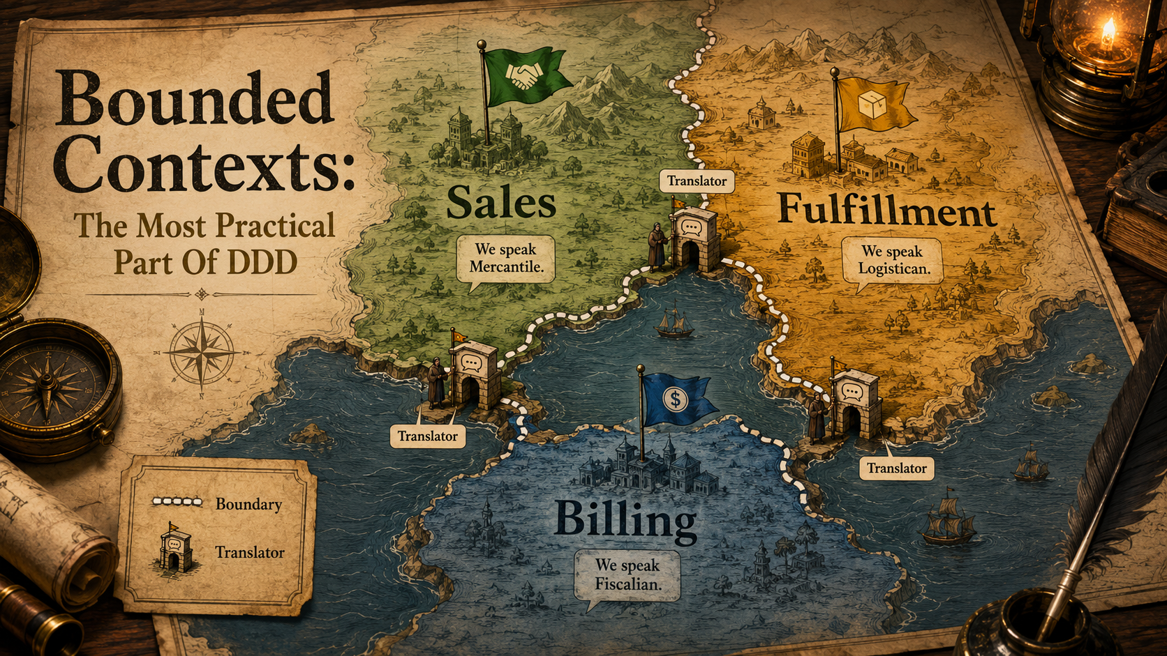 Editorial cartographer's-map cover showing three labeled territories (Sales, Fulfillment, Billing) sharing a coastline with customs gates and translators at every border