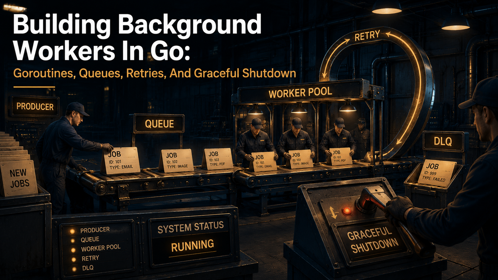 Cinematic factory cover: a producer figure feeds labeled JOB cards into a conveyor belt past three worker figures, a glowing RETRY arc curls overhead, a DLQ bin sits to the right, and a control console labeled GRACEFUL SHUTDOWN sits in the foreground.
