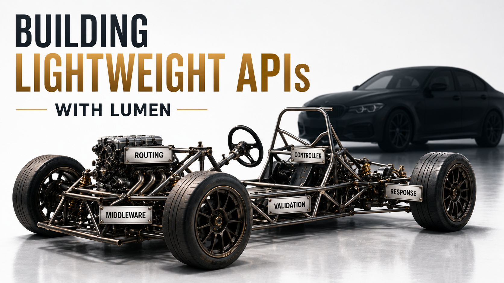 Stripped-down race-car chassis on a studio floor with chrome label tags reading Routing, Middleware, Validation, Controller, Response, beside a dim full passenger sedan silhouette for contrast