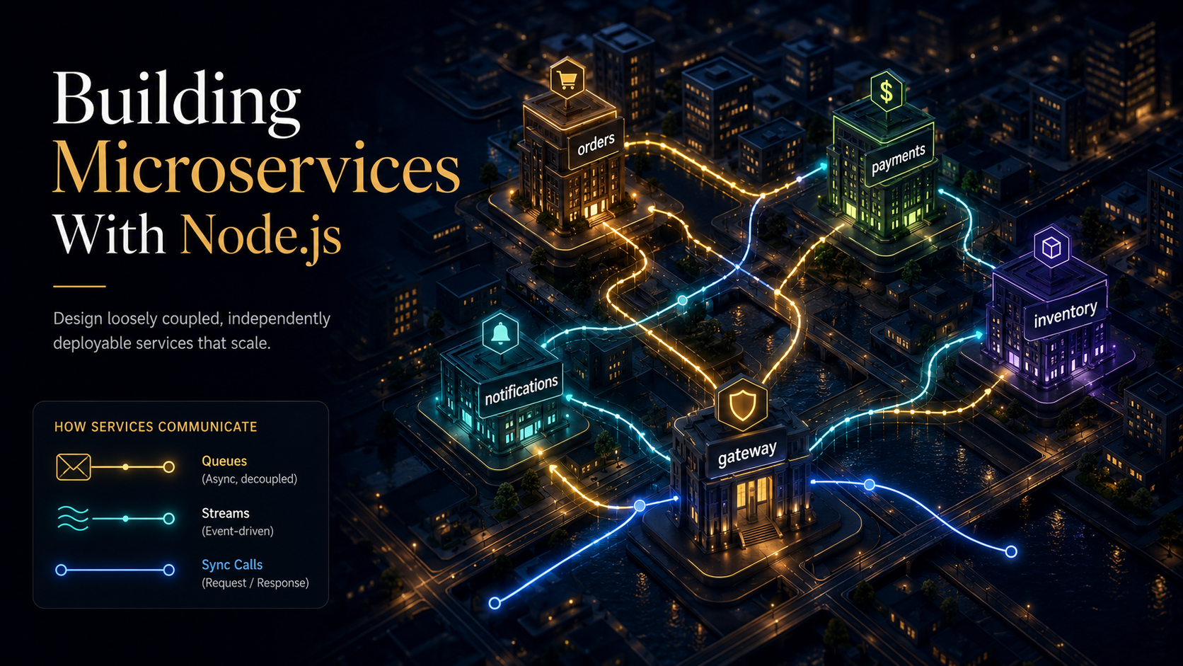 A glowing night-time city map where each building is a labeled microservice (orders, payments, inventory, notifications, gateway) connected by light-trail message routes between rooftops.