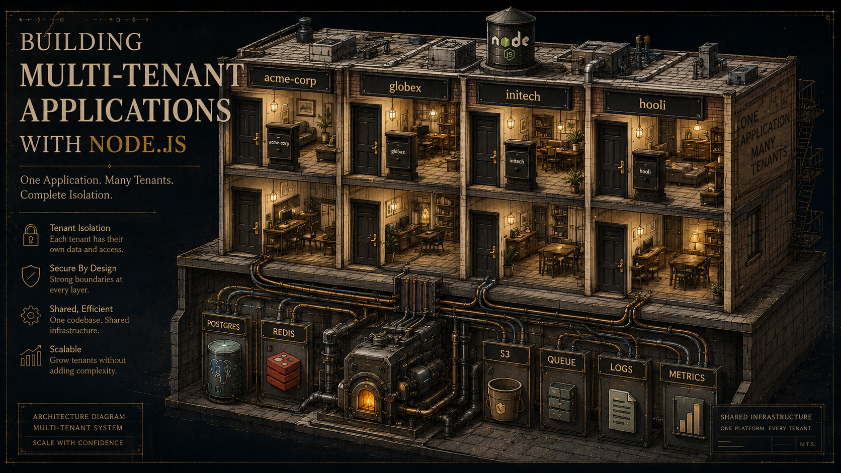 Isometric cutaway of an apartment building: each unit has its own door, lock, and labelled mailbox for acme-corp, globex, initech, and hooli, while shared pipes, wiring, and a basement boiler labelled postgres, redis, s3, queue, logs, and metrics serve every floor.