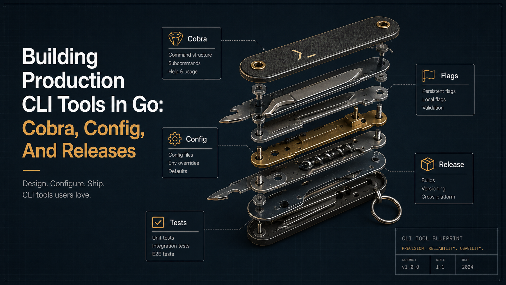 Exploded-view engineering blueprint of a precision multi-tool with labeled components representing CLI concepts: Cobra, Flags, Config, Release, Tests, rendered in deep slate and amber on a clean editorial background
