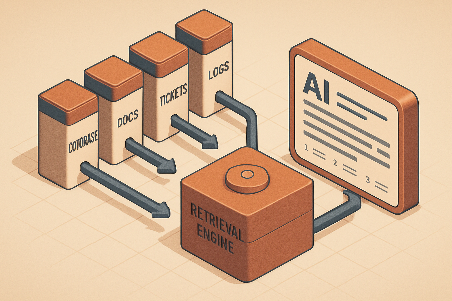 Isometric command center with four labeled data towers — Codebase, Docs, Tickets, Logs — feeding a central retrieval engine and an answer panel with source citations