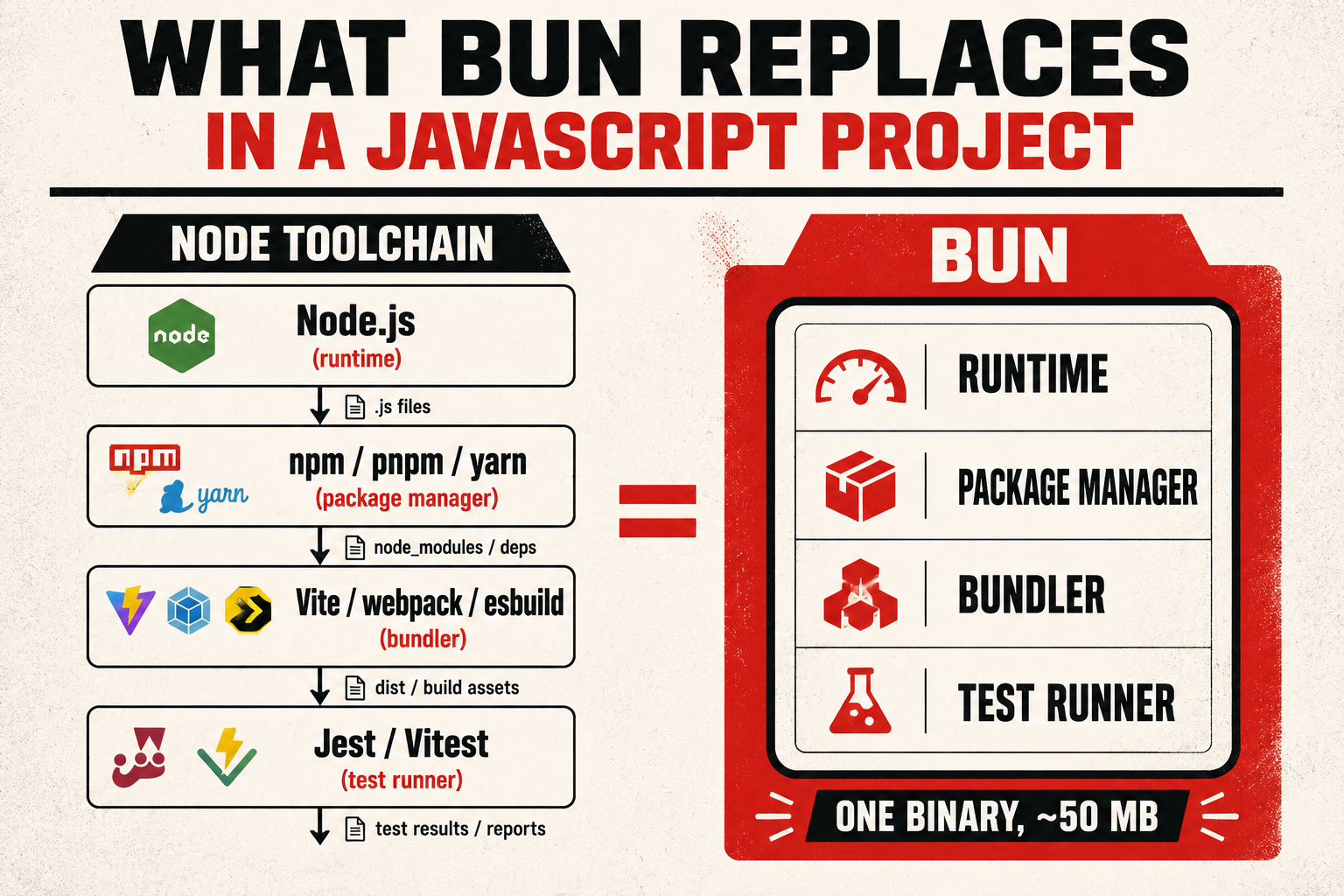 Side-by-side architecture comparison: left column 'Node toolchain' as four stacked boxes (Node.js runtime, npm/pnpm/yarn package manager, Vite/webpack/esbuild bundler, Jest/Vitest test runner) passing files via thin arrows; right column 'Bun' as a single unified tall rectangle with four internal sub-boxes for runtime, package manager, bundler, and test runner, with a small caption 'one binary, ~50 MB'.