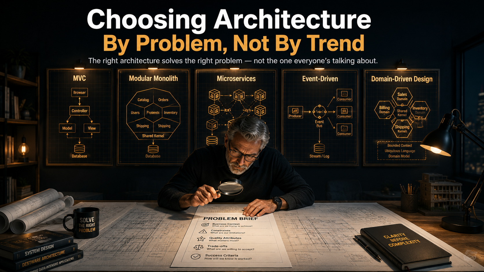 Architect reviewing a one-page problem brief at a drafting table, with architectural blueprint menus labeled MVC, Modular Monolith, Microservices, Event-Driven, and DDD on the wall behind them.