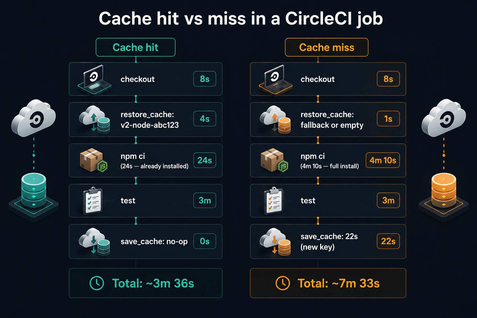 Side-by-side comparison of a CircleCI job with a cache hit versus a cache miss, showing each step's duration and the resulting total time.