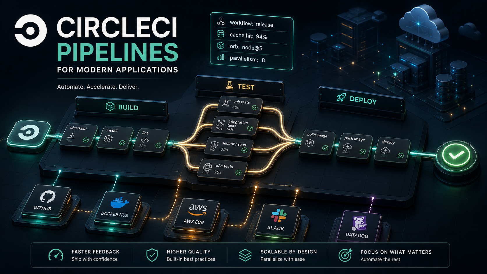 Glowing orchestration board where job cards flow along rails through build, test, and deploy checkpoints, branching in parallel then merging into a single track ending at a green tick.