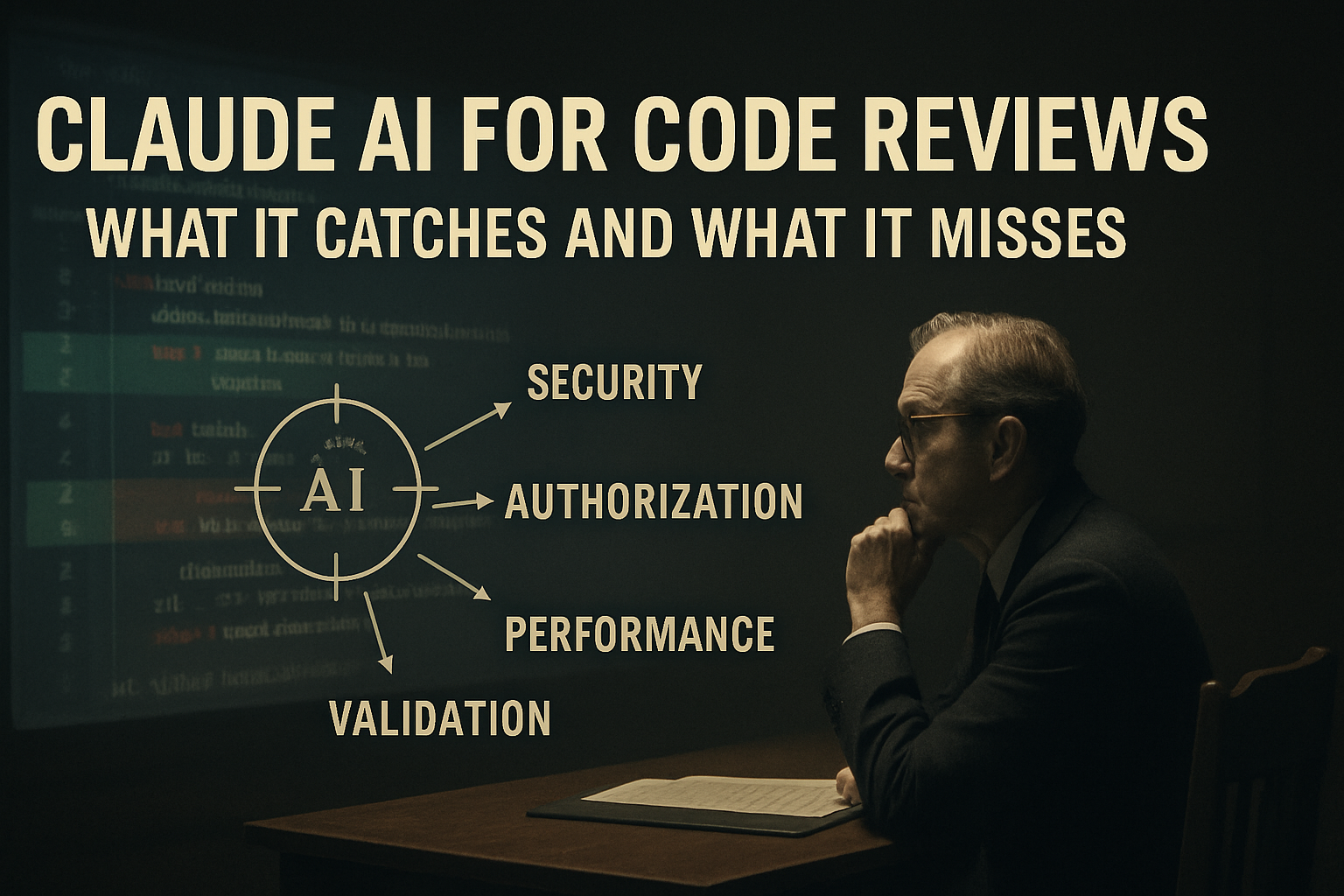 Senior engineer reviewing a projected pull request diff with an AI analysis lens labeled Security, Authorization, Validation, Performance