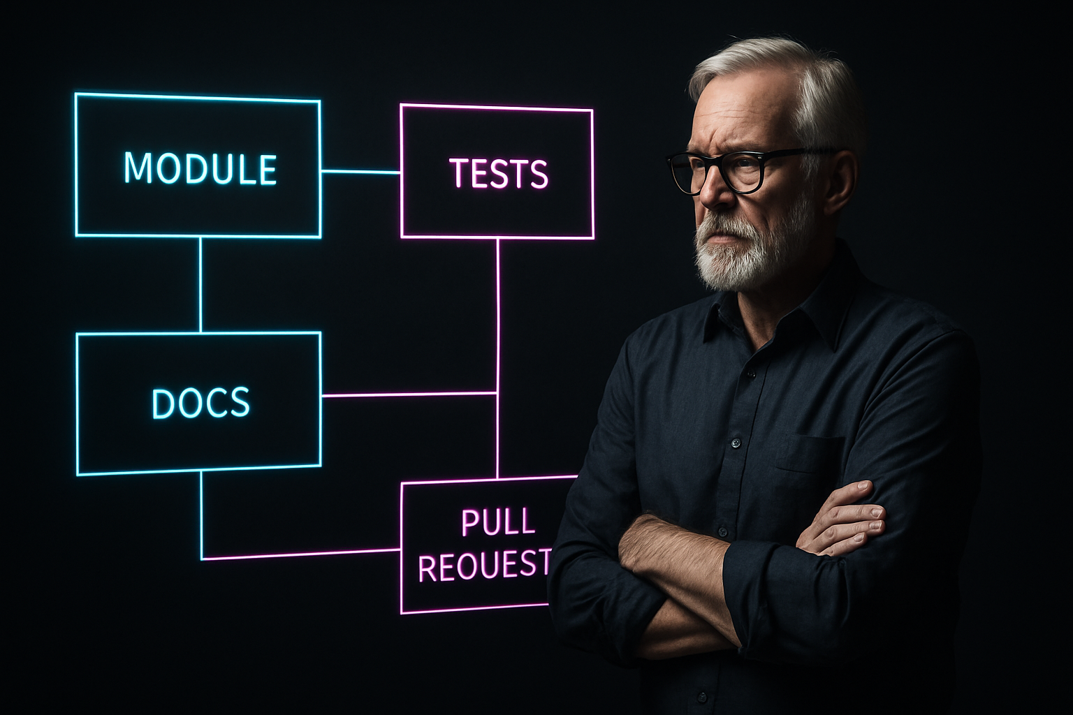 Senior developer beside neon-outlined architectural blocks labeled Module, Tests, Docs, and Pull Requests on a dark studio backdrop