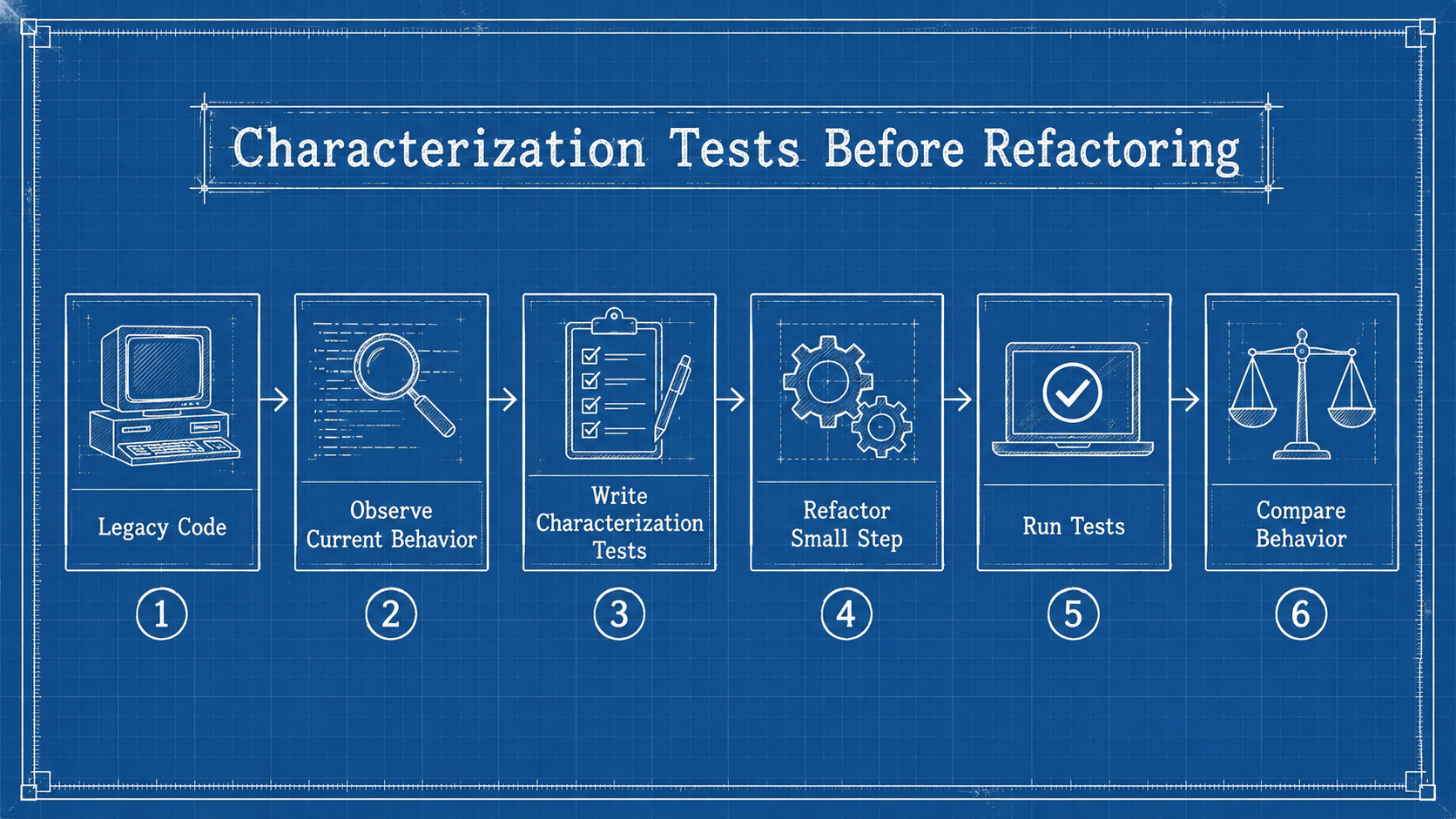 Characterization Tests Before Refactoring flow diagram: Legacy Code → Observe Current Behavior → Write Characterization Tests → Refactor Small Step → Run Tests → Compare Behavior, in old-blueprint style with white technical lines on blue