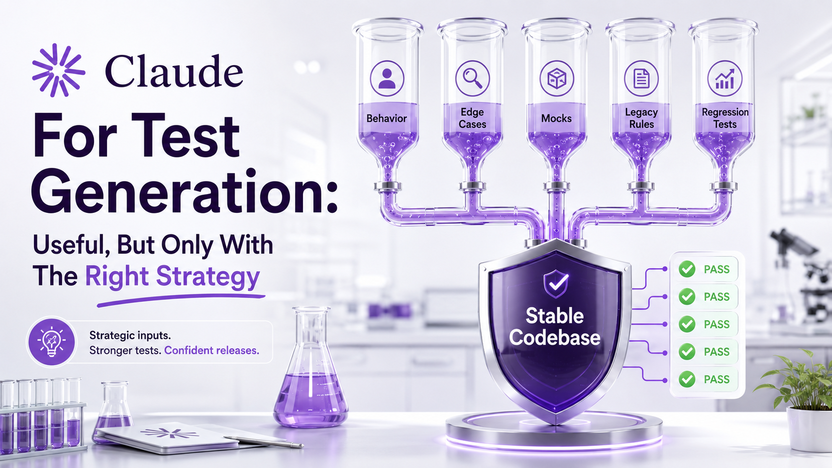 Bright laboratory testing scene with test tubes labeled Behavior, Edge Cases, Mocks, Legacy Rules, and Regression Tests feeding into a stable codebase shield, on soft white with Claude-purple accents and green pass indicators