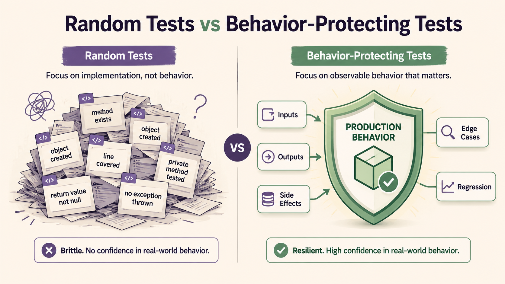 Random Tests vs Behavior-Protecting Tests comparison: messy pile of weak tests on the left versus a strong shield around production behavior with Inputs, Outputs, Side Effects, Edge Cases, and Regression labels on the right, on a warm off-white background with purple and green accents