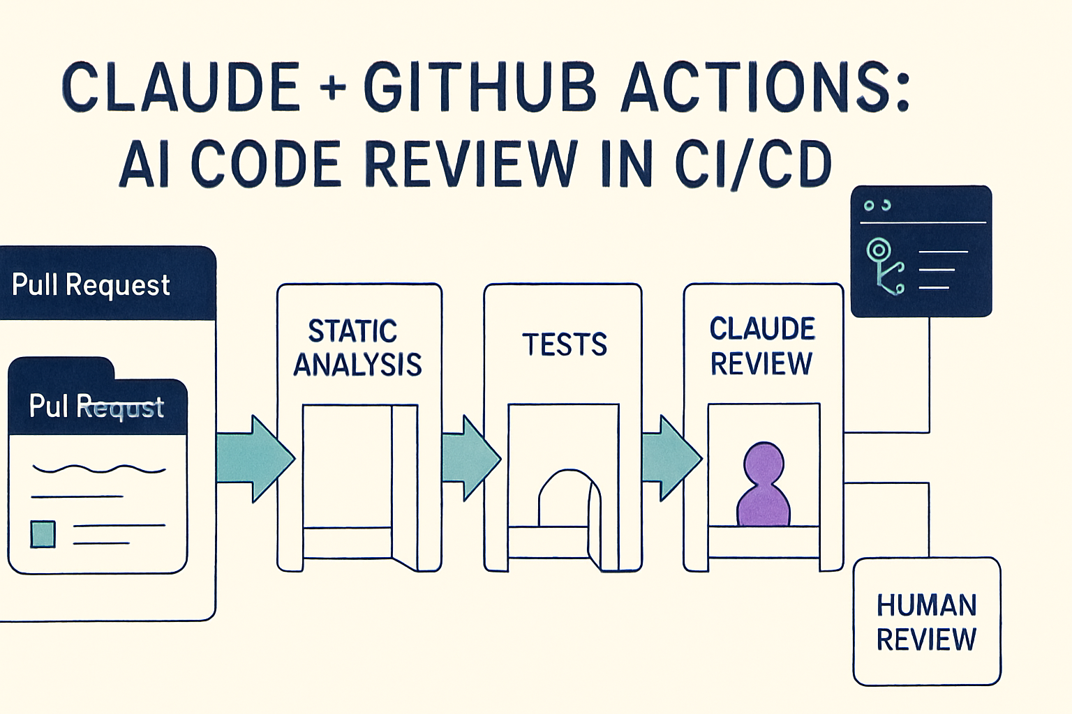 Editorial blueprint cover: a pull request flows through gates labeled Static Analysis, Tests, Claude Review, and Human Review, on a deep navy background with restrained purple and teal accents.