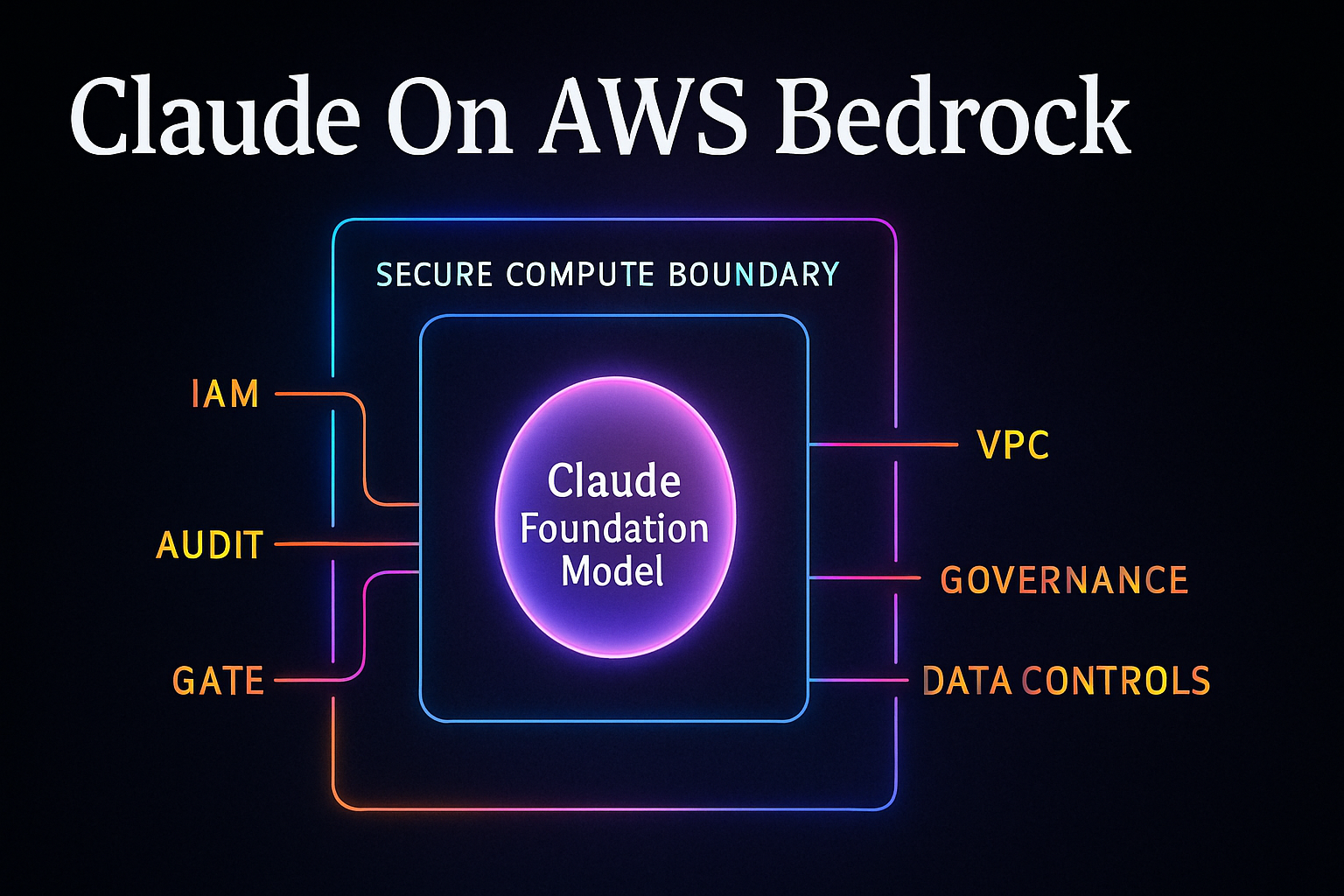 Cinematic dark-studio cover illustration of Claude on Amazon Bedrock: a luminous purple Claude model node sitting inside an AWS boundary, surrounded by labeled enterprise gates for IAM, Audit, VPC, Governance, and Data Controls in AWS orange