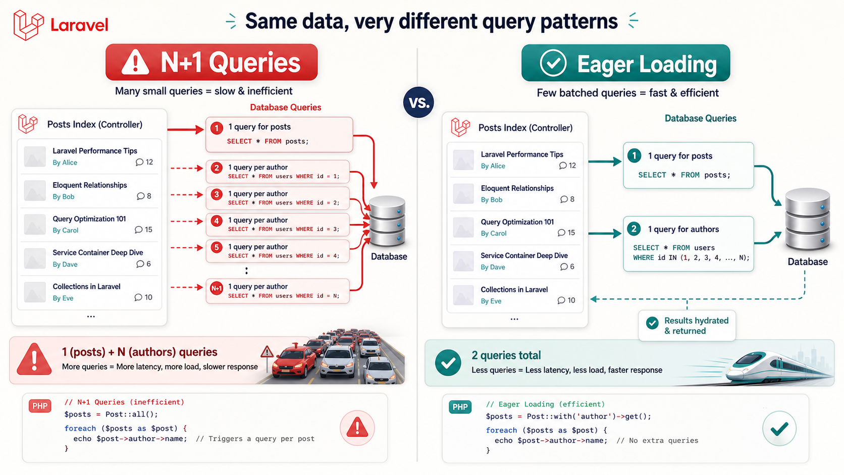 Side-by-side comparison of an N+1 query pattern and an eager-loaded equivalent. On the left, a posts index page issues 1 query for posts plus N follow-up queries to fetch each post's author — labeled "many small queries, slow and inefficient" with an illustration of cars stuck in traffic. On the right, the same data is loaded with a single query for posts and a single batched query for all authors — labeled "few batched queries, fast and efficient" with an illustration of a high-speed train.