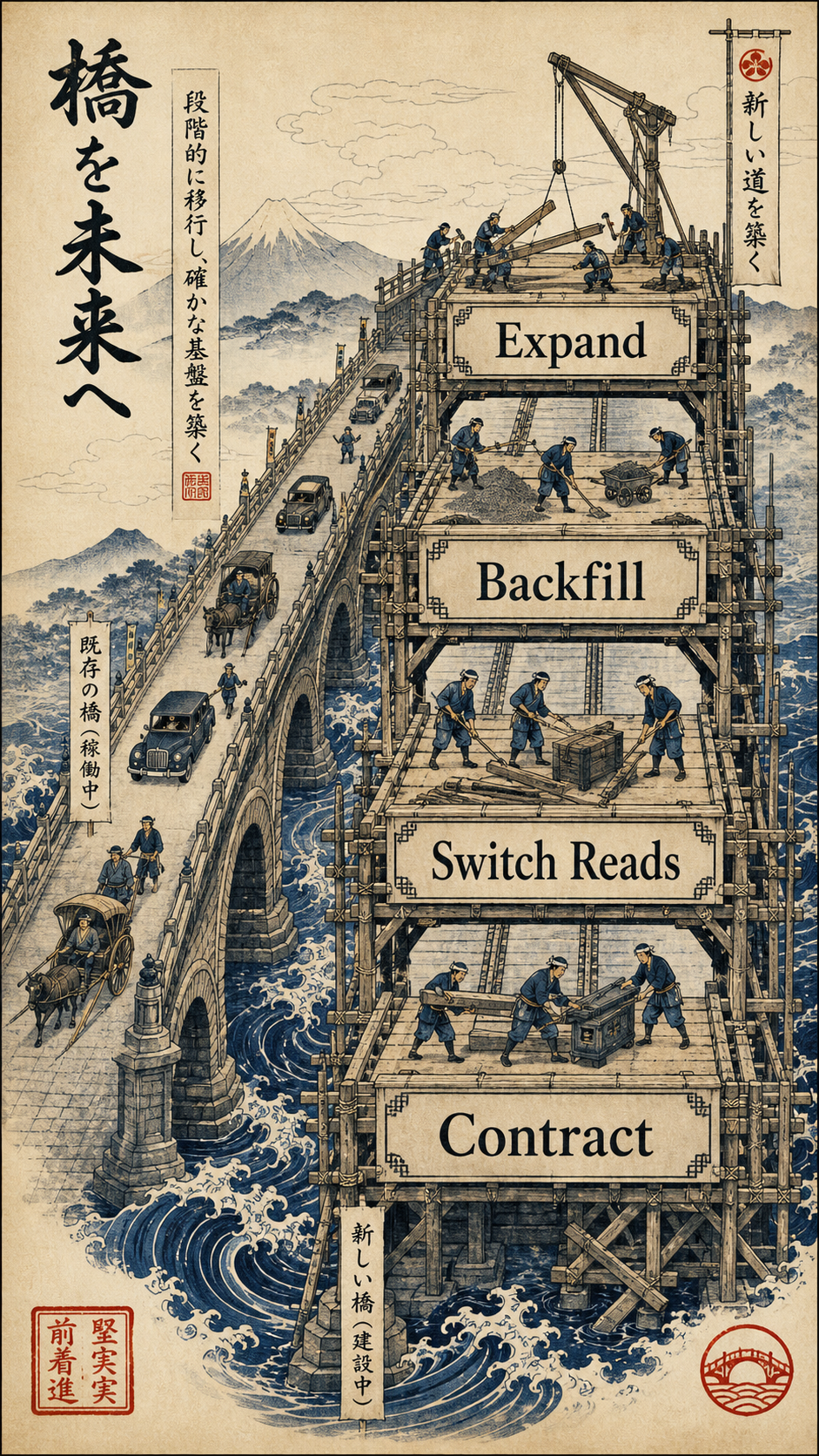 Illustration of a database migration as a coordinated, phased operation across application code, database, replicas, and queues during a deployment.