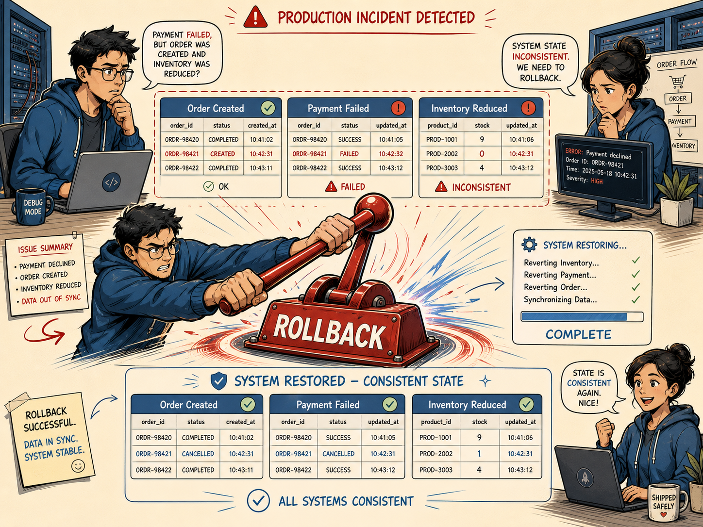Illustration of database transactions wrapping a multi-step business workflow into a single safe unit of work that either commits fully or rolls back.