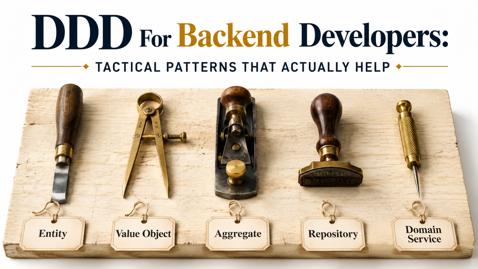 Editorial workshop-bench cover for a DDD article: five hand-tooled craftsman tools laid out in order on a deep slate surface, each tagged with a tactical pattern label (Entity, Value Object, Aggregate, Repository, Domain Service) under warm amber lighting.