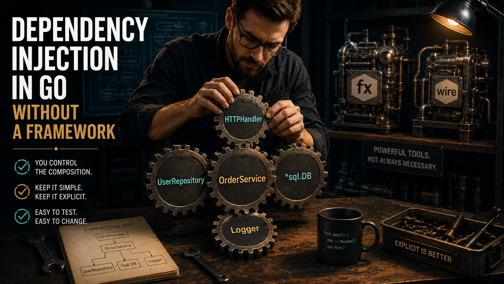 Editorial poster of a workbench where labeled gears (HTTPHandler, OrderService, UserRepository, *sql.DB, Logger) are being assembled by hand, with two pre-built machines labeled 'fx' and 'wire' sitting out of focus on a shelf.