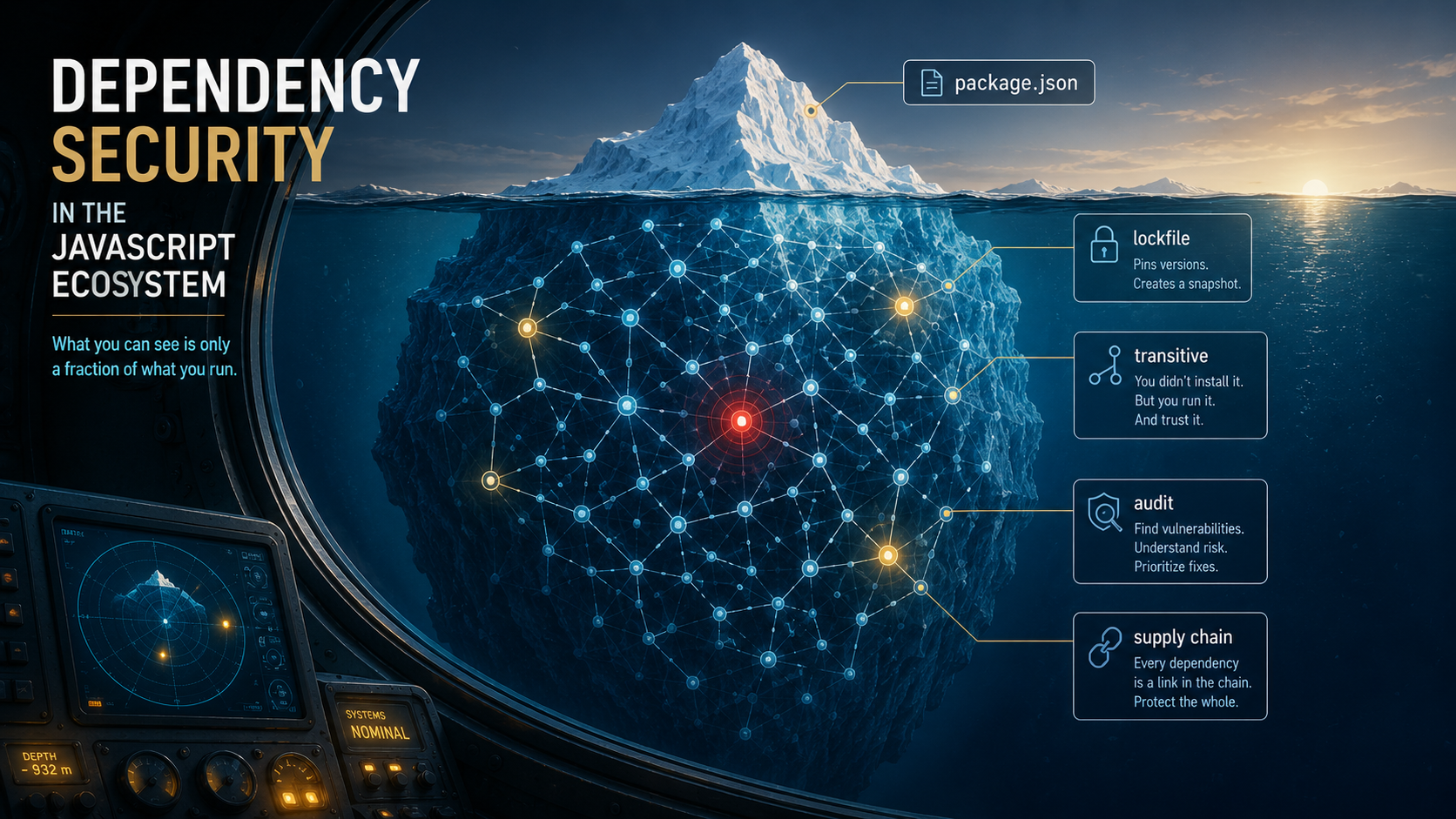 Editorial illustration of an iceberg seen from a submarine: a small package.json tip above water, a vast lattice of transitive dependencies stretching down into the dark, with red and yellow warning beacons glowing at various depths.