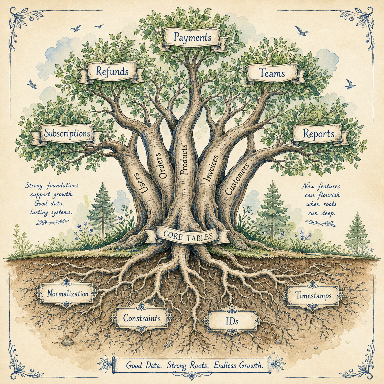 Illustration of a database schema growing over time as a product evolves, with new tables, audit fields, and status histories added around the original core.