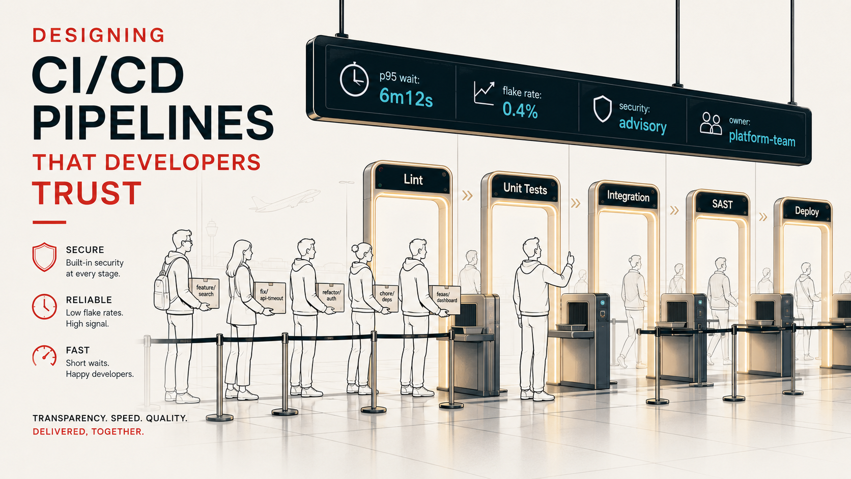 Editorial cover using an airport-security-line metaphor for a CI/CD pipeline: engineers queue at glowing checkpoint arches labeled Lint, Unit Tests, Integration, SAST, and Deploy, with a suspended dashboard showing wait time, flake rate, and ownership.