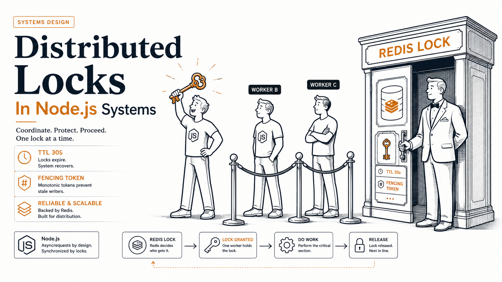 Editorial illustration of a single bronze key being passed between Node.js workers in a row, with a Redis cylinder labeled as the lock cabinet and tags reading TTL 30s and fencing token.