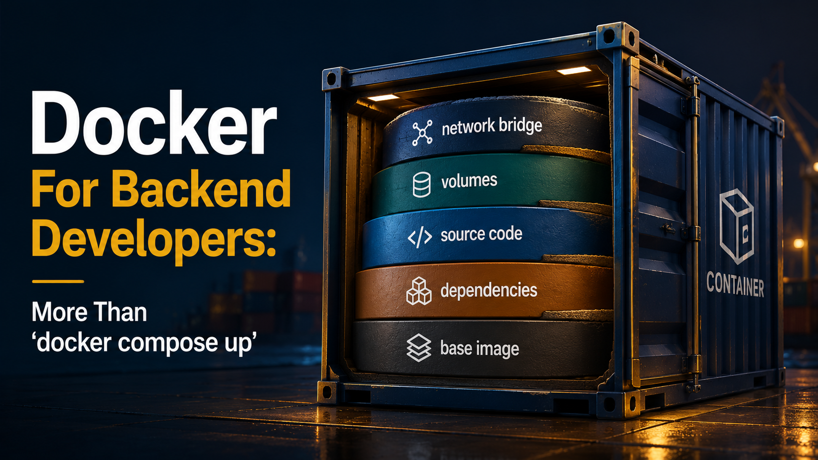 Editorial cover for a Docker tutorial: a giant shipping container split open to reveal a stacked cross-section of labelled layers (base image, dependencies, source code, volumes, network bridge, container) rendered in dark navy and warm gold tones