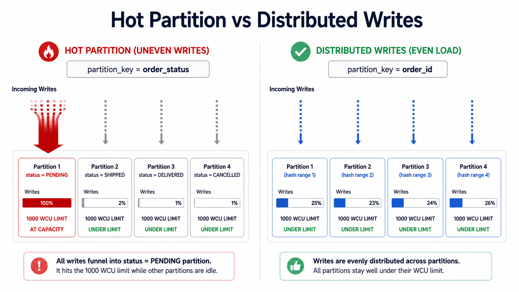 Side-by-side diagram: left panel shows all writes hitting a single PENDING partition at the 1000 WCU limit while other partitions sit idle; right panel shows writes distributed evenly across four partitions keyed by order ID.