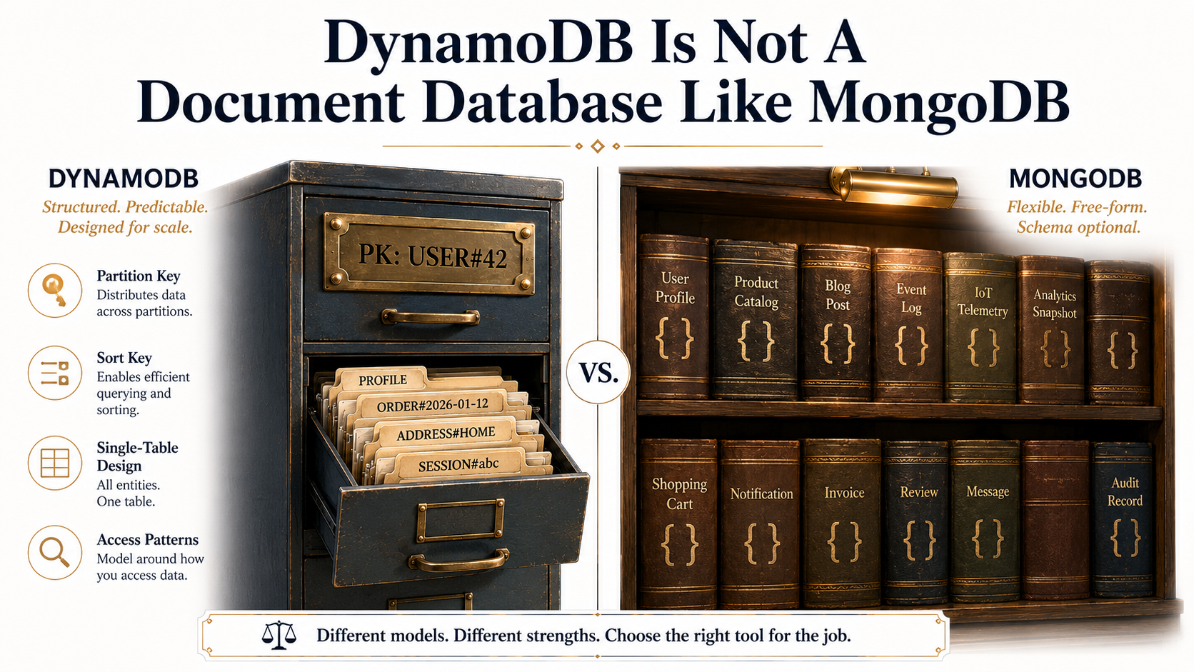 Split editorial illustration: on the left a tall filing cabinet with brass-labeled drawers showing DynamoDB partition and sort key structure; on the right a warm bookshelf with JSON-spine books, representing the document database mental model.