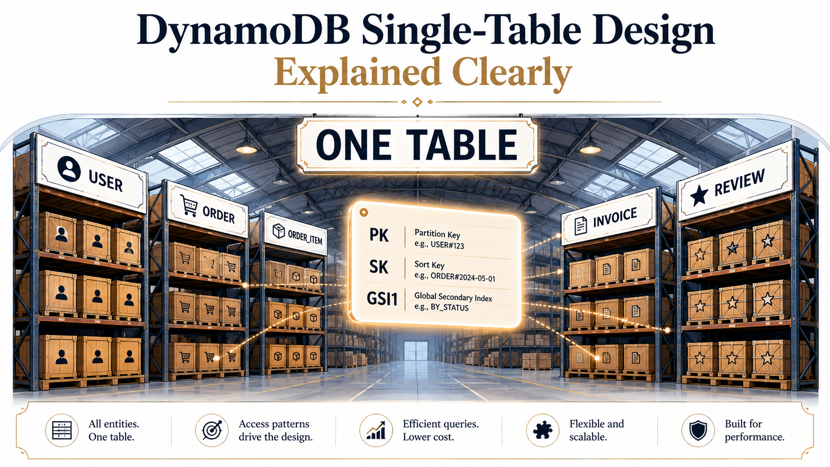 Warehouse metaphor for DynamoDB single-table design: labeled crates for USER, ORDER, ORDER_ITEM, INVOICE, REVIEW under a ONE TABLE sign with PK, SK, GSI1 index card floating overhead