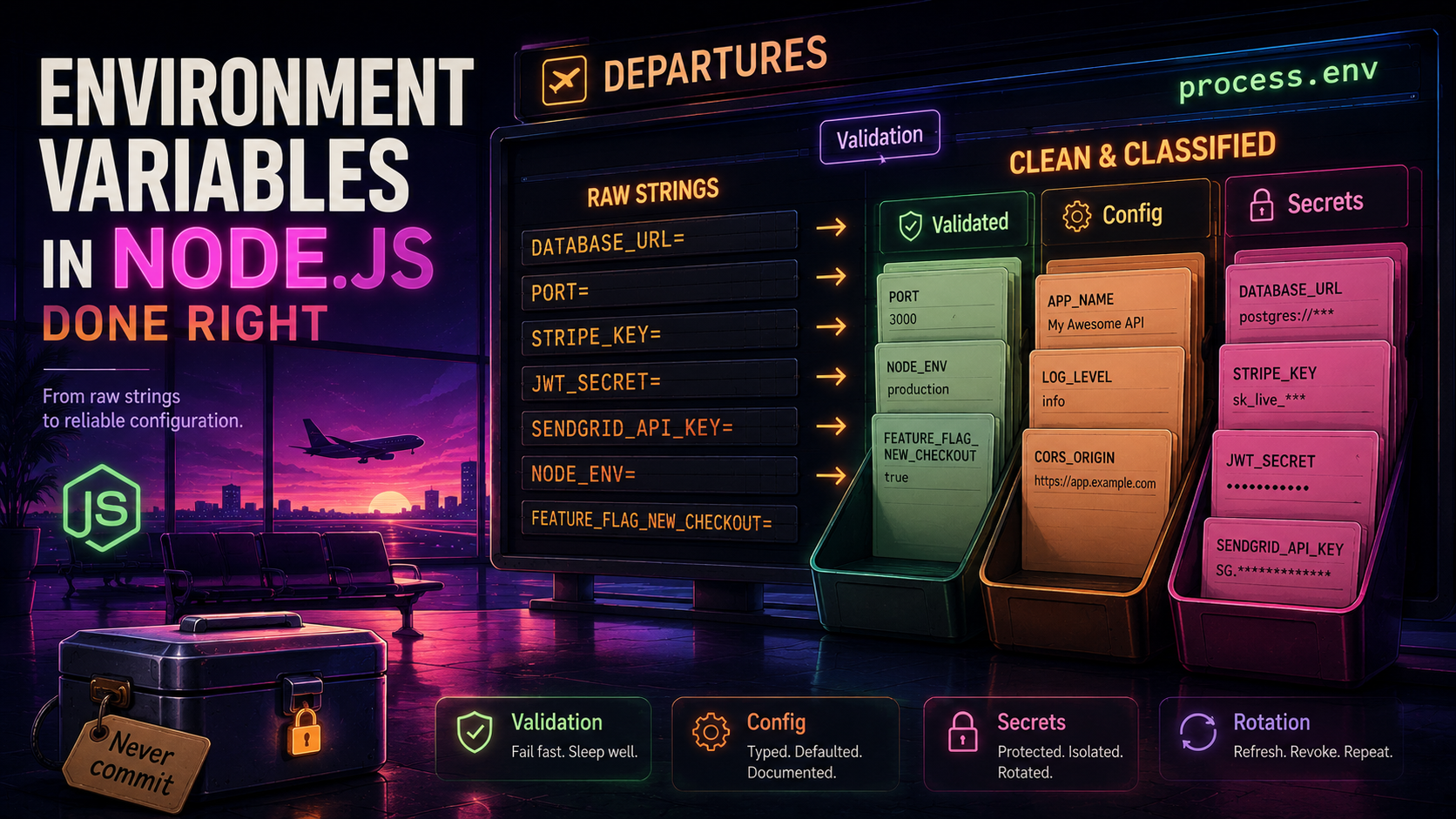 Editorial airport-departures-board metaphor: raw process.env strings flipping into labelled trays for Validated, Config, and Secrets, with a foreground lockbox tagged Never commit