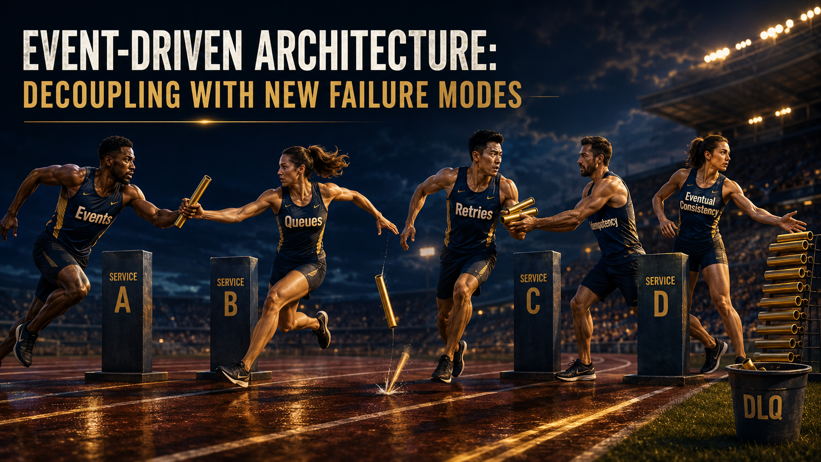 Editorial relay-race cover for an event-driven architecture article: four runners on a track passing batons between stations, with one baton dropped mid-air, two identical batons handed to the same runner, a queue of batons stacked at a transfer point, and a small DLQ bin off to the side.