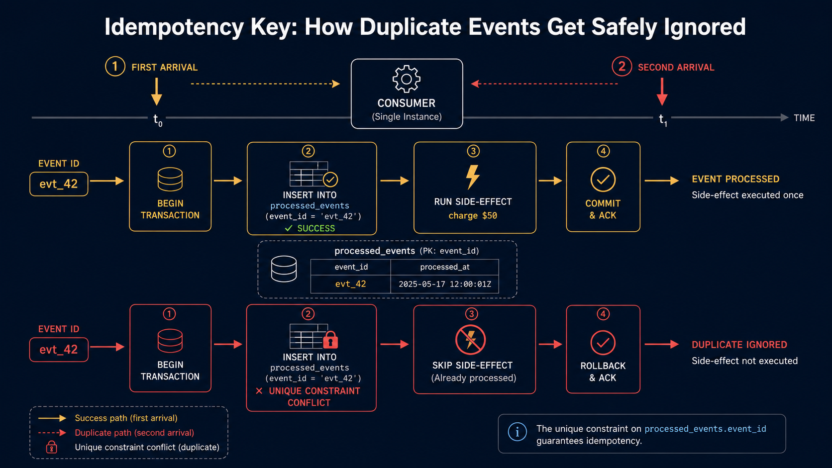 Timeline diagram showing two arrivals of the same event ID hitting one consumer: the first arrival inserts the event ID into a processed_events table and runs the charge, the second arrival hits a unique-constraint conflict and skips the charge while still acking.